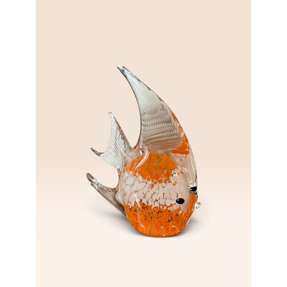 Art Glass Angel Fish Paperweight Clear With Orange And White Accents VTG 5”
